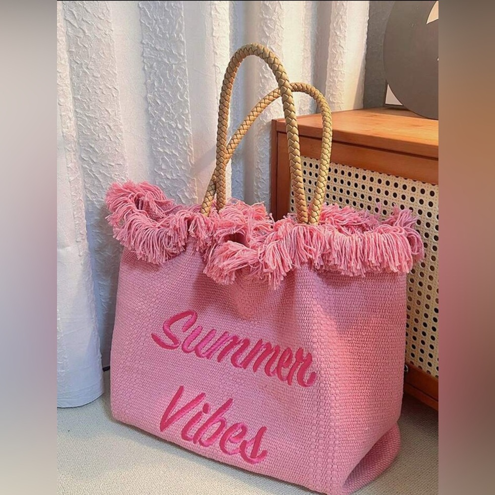 Pink Fringe Tote Bag shoulder Summer Vibes embroidered leather purse pocketbook